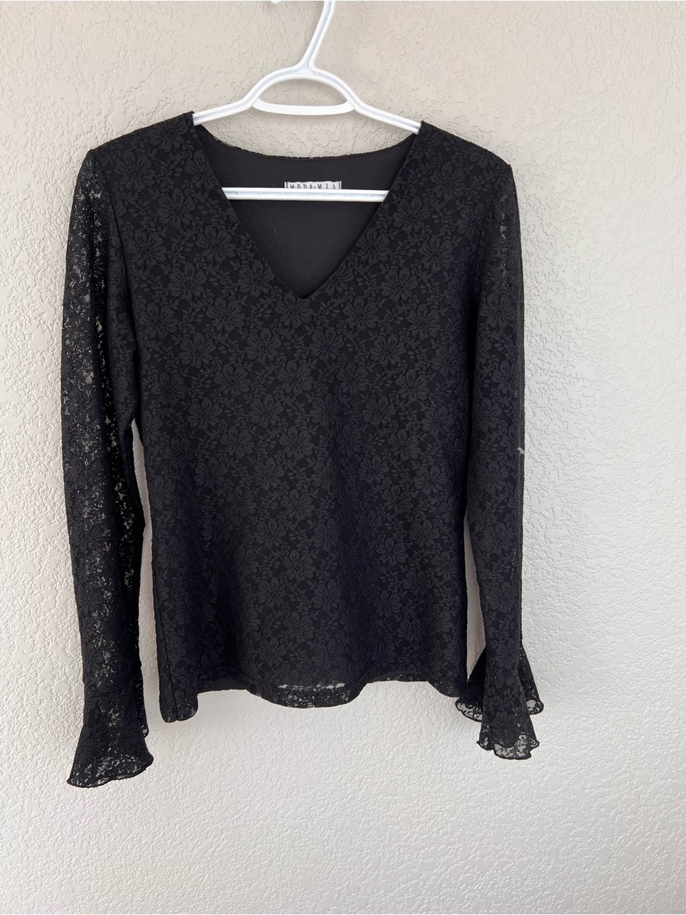 Black Lace V-Neck Long Sleeve Blouse by